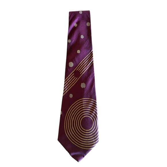 Vintage 100% Silk Geometric Tie – Handmade in Italy – Plum & Gold Pattern - Picture 2 of 4
